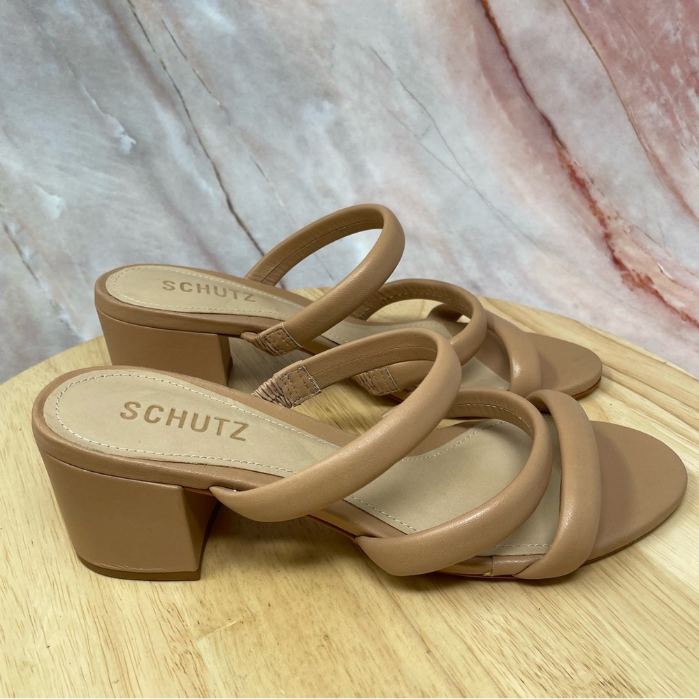 Schutz Olly Leather Block Heel Sandals Nude Sz 7 New - Picture 4 of 11